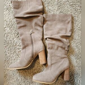 Grey Womens Knee High Leather Heeled Boots